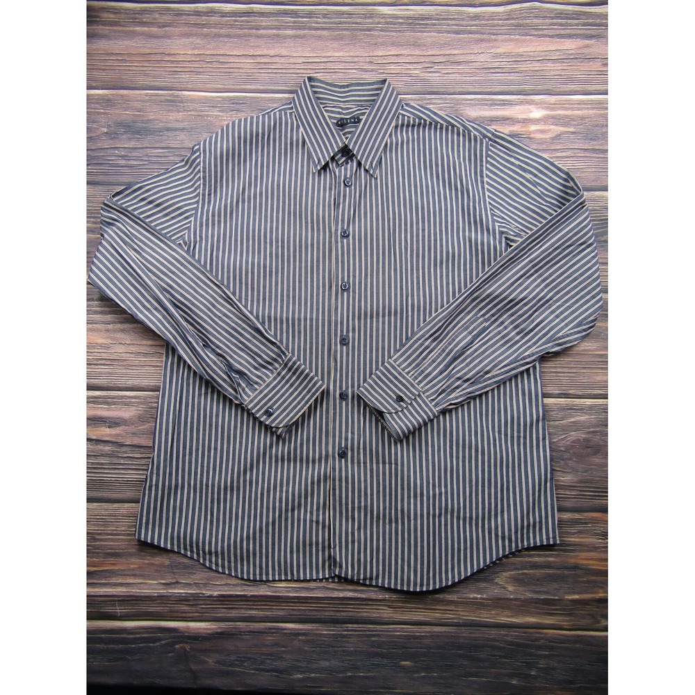 Milena Mens Size 18/45 Navy Blue Striped Button Down Dress Shirt Preowned